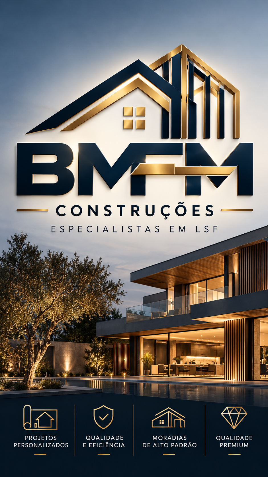 Identidade visual escolhida para BMFM Construções, com logótipo arquitetónico em azul e dourado e uma moradia contemporânea